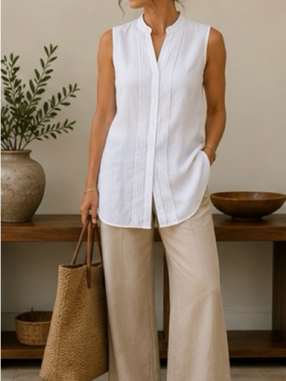 Tweeds White Linen Sleeveless Pintuck Tunic Top M